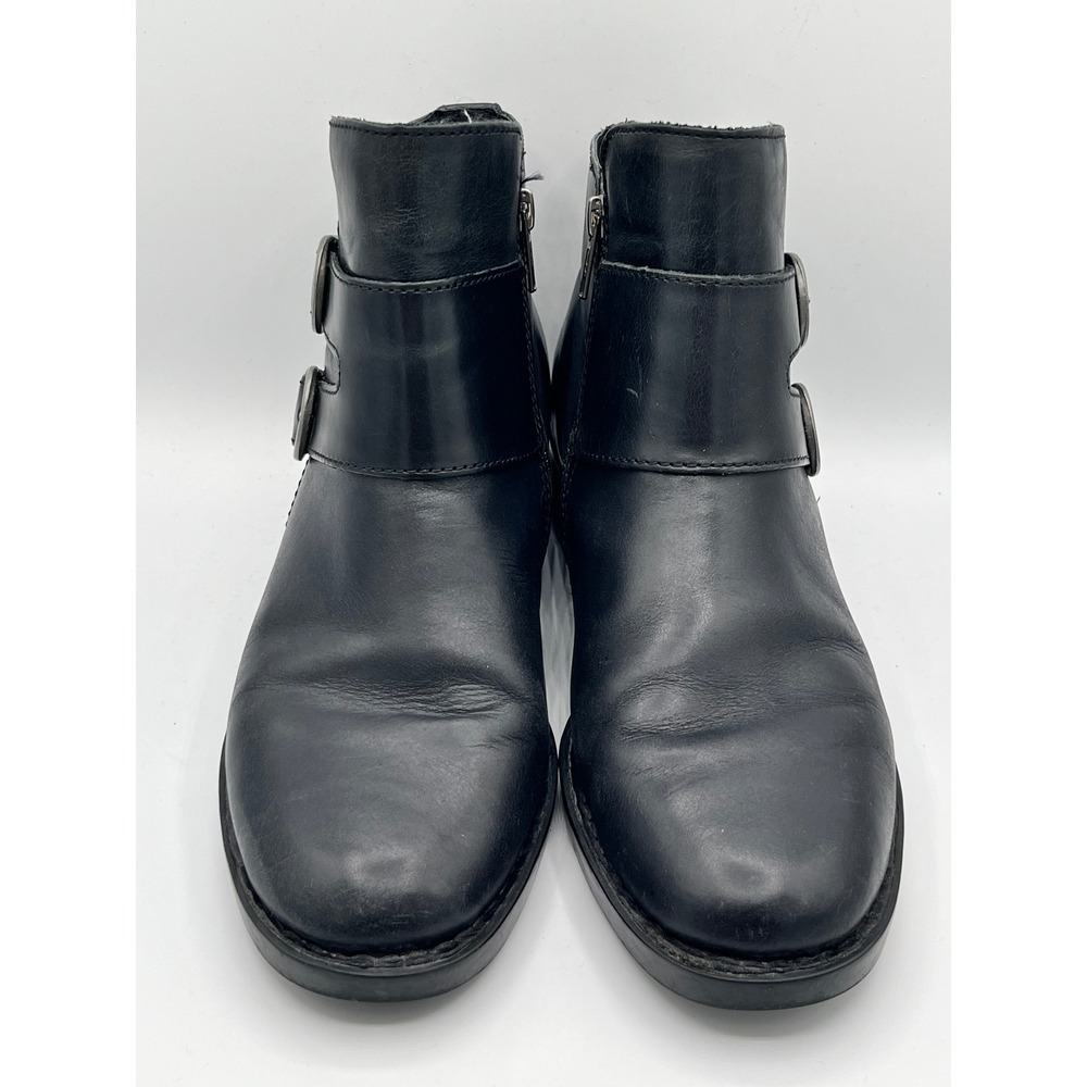 Born F06303 Women Black Leather Double Buckle Side Zip Moto Ankle Boots Sz 8.5M